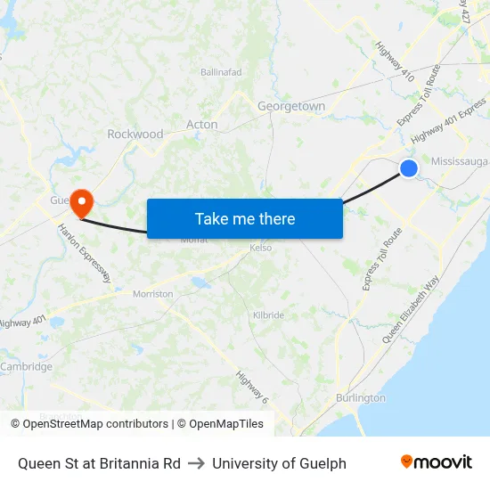 Queen St at Britannia Rd to University of Guelph map