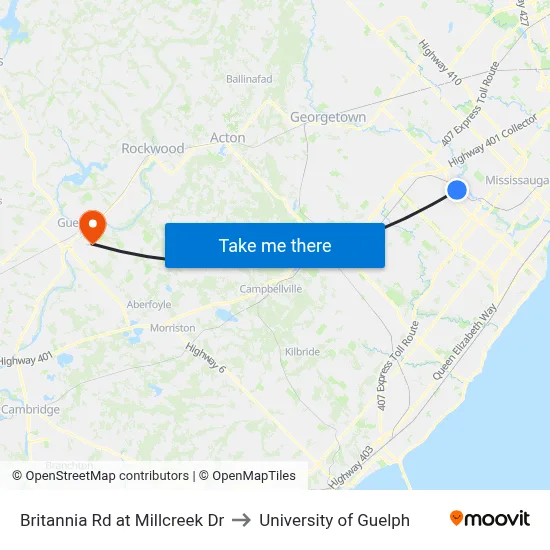 Britannia Rd at Millcreek Dr to University of Guelph map