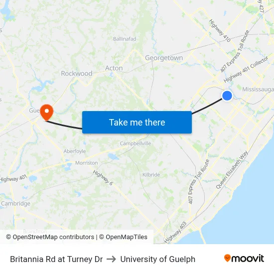 Britannia Rd at Turney Dr to University of Guelph map