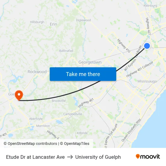 Etude Dr at Lancaster Ave to University of Guelph map