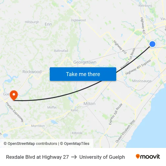 Rexdale Blvd at Highway 27 to University of Guelph map