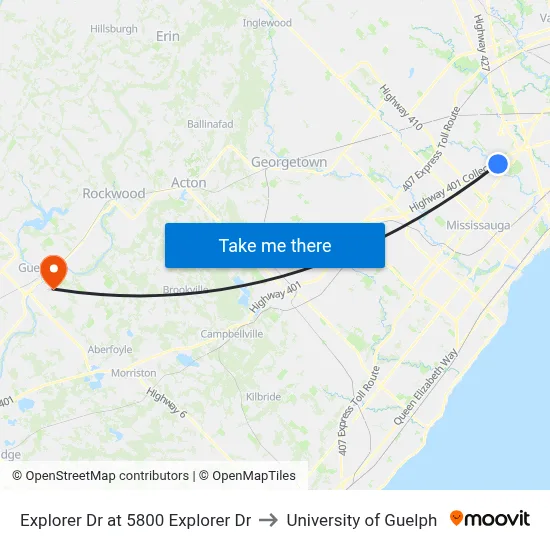 Explorer Dr at 5800 Explorer Dr to University of Guelph map