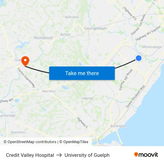 Credit Valley Hospital to University of Guelph map