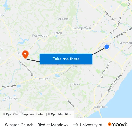 Winston Churchill Blvd at Meadowvale Town Ctr Cir to University of Guelph map