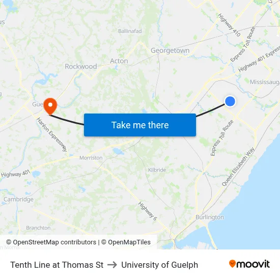 Tenth Line at Thomas St to University of Guelph map