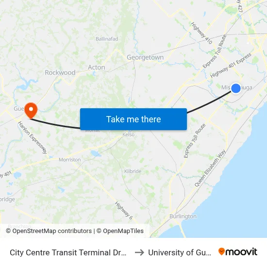 City Centre Transit Terminal Drop Off to University of Guelph map