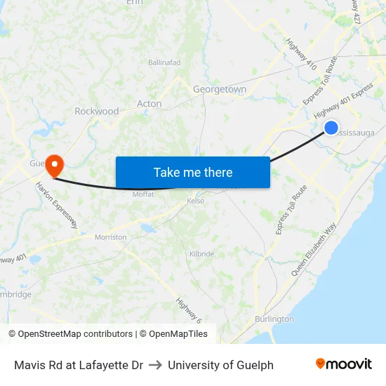 Mavis Rd at Lafayette Dr to University of Guelph map