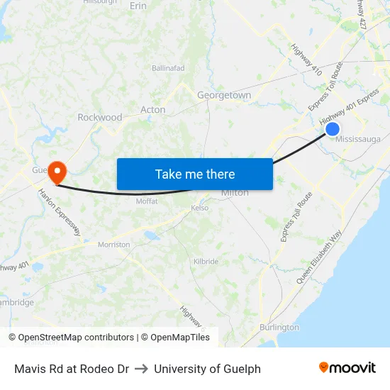 Mavis Rd at Rodeo Dr to University of Guelph map