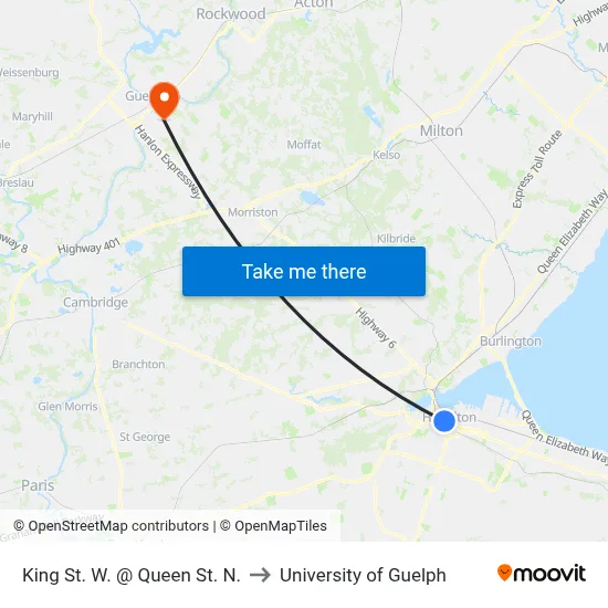 King St. W. @ Queen St. N. to University of Guelph map