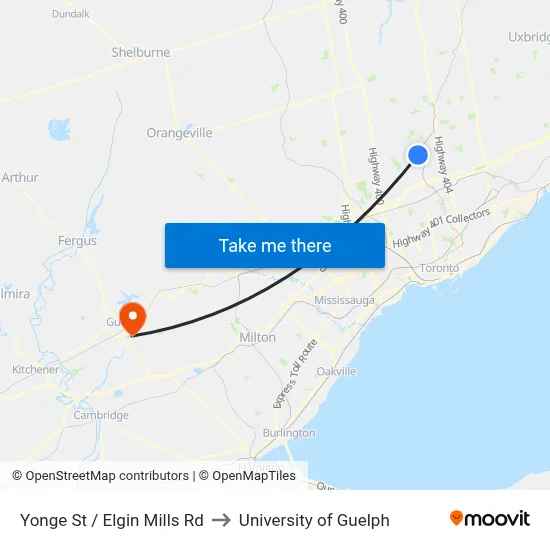 Yonge St / Elgin Mills Rd to University of Guelph map