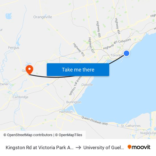 Kingston Rd at Victoria Park Ave to University of Guelph map