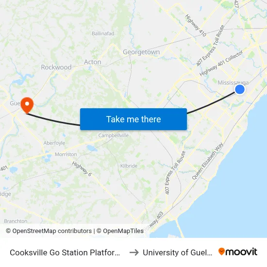 Cooksville Go Station Platform 4 to University of Guelph map