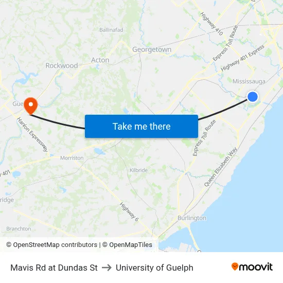 Mavis Rd at Dundas St to University of Guelph map