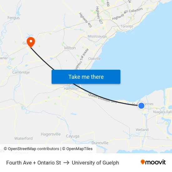 Fourth Ave + Ontario St to University of Guelph map
