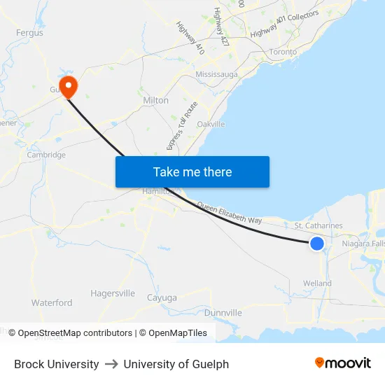 Brock University to University of Guelph map