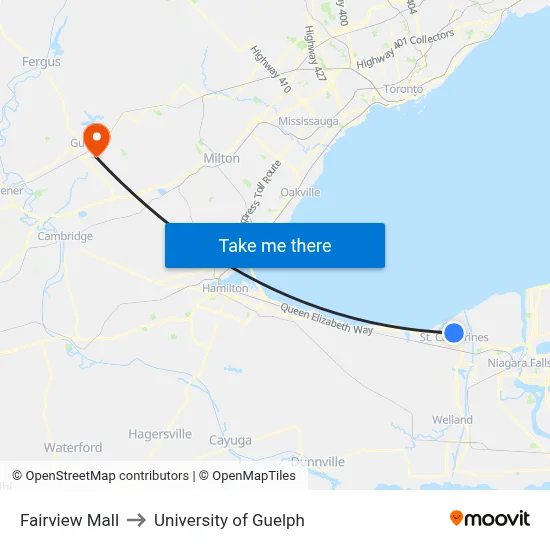 Fairview Mall to University of Guelph map