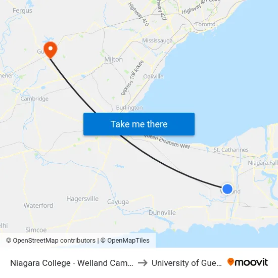 Niagara College - Welland Campus to University of Guelph map