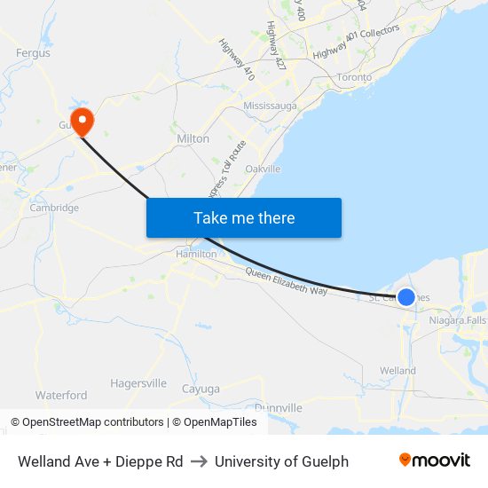 Welland Ave + Dieppe Rd to University of Guelph map