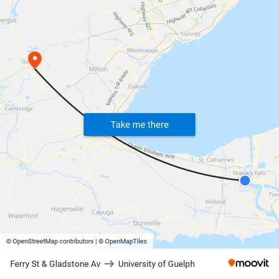 Ferry St & Gladstone Av to University of Guelph map