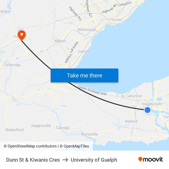 Dunn St & Kiwanis Cres to University of Guelph map