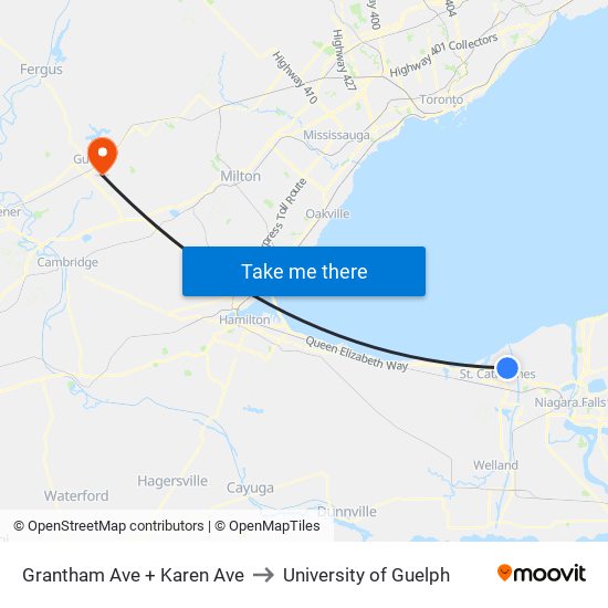 Grantham Ave + Karen Ave to University of Guelph map