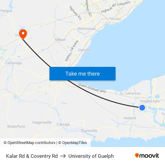 Kalar Rd & Coventry Rd to University of Guelph map