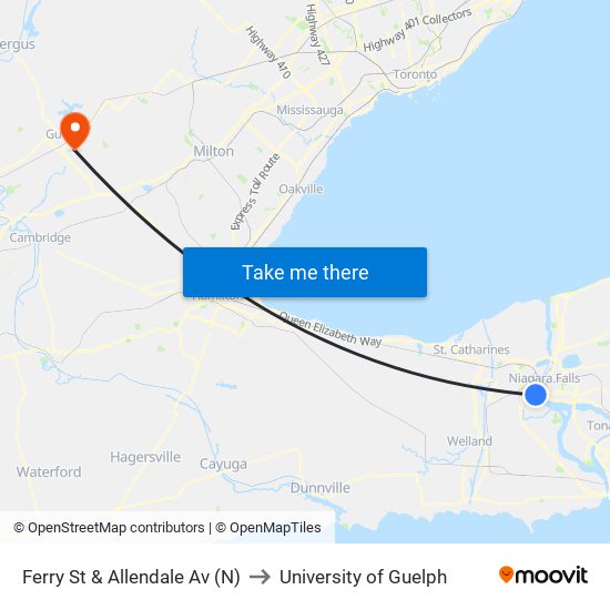 Ferry St & Allendale Av (N) to University of Guelph map