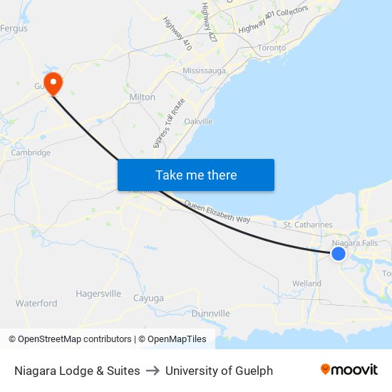 Niagara Lodge & Suites to University of Guelph map