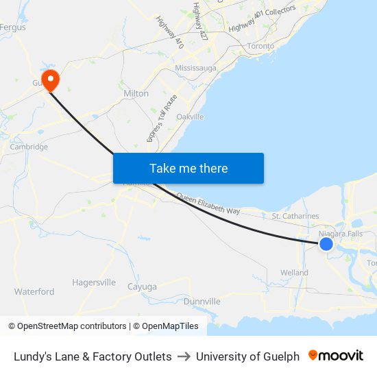 Lundy's Lane & Factory Outlets to University of Guelph map