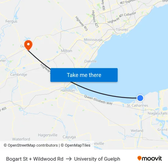 Bogart St + Wildwood Rd to University of Guelph map