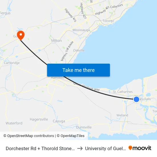 Dorchester Rd + Thorold Stone Rd to University of Guelph map