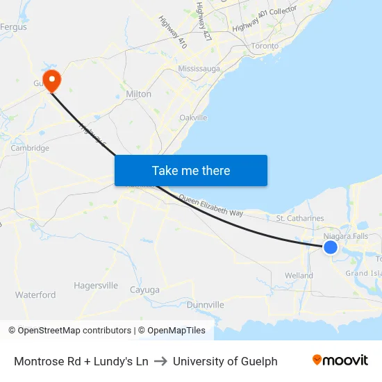 Montrose Rd + Lundy's Ln to University of Guelph map