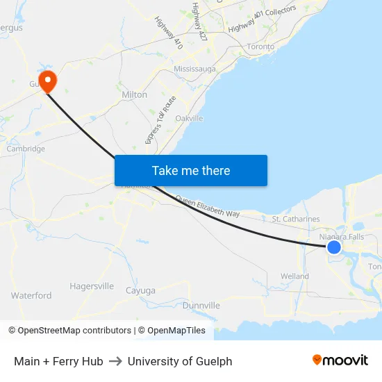 Main + Ferry Hub to University of Guelph map