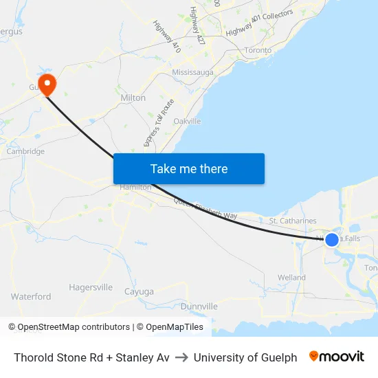 Thorold Stone Rd + Stanley Av to University of Guelph map