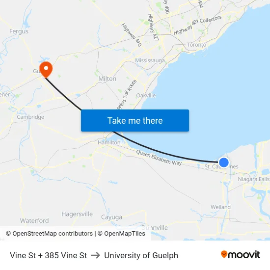Vine St + 385 Vine St to University of Guelph map