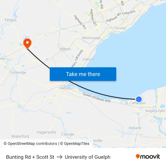 Bunting Rd + Scott St to University of Guelph map
