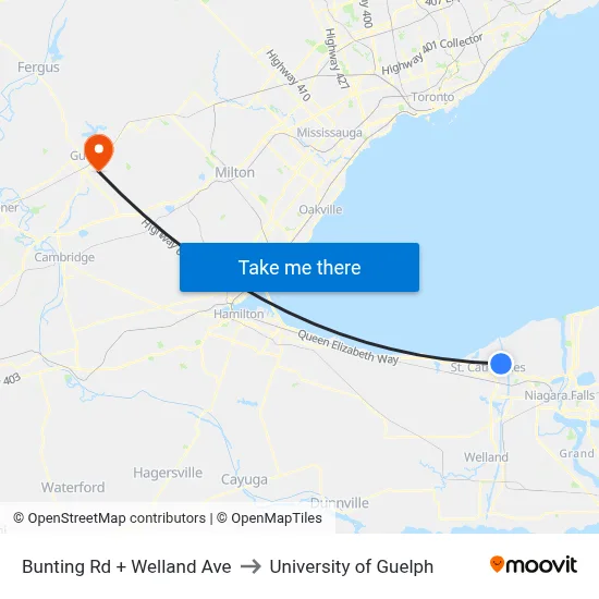Bunting Rd + Welland Ave to University of Guelph map