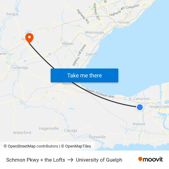 Schmon Pkwy + the Lofts to University of Guelph map