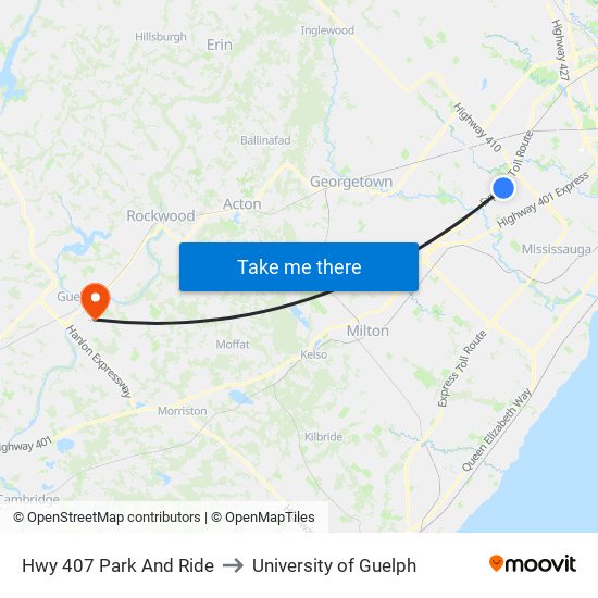 Hwy 407 Park And Ride to University of Guelph map