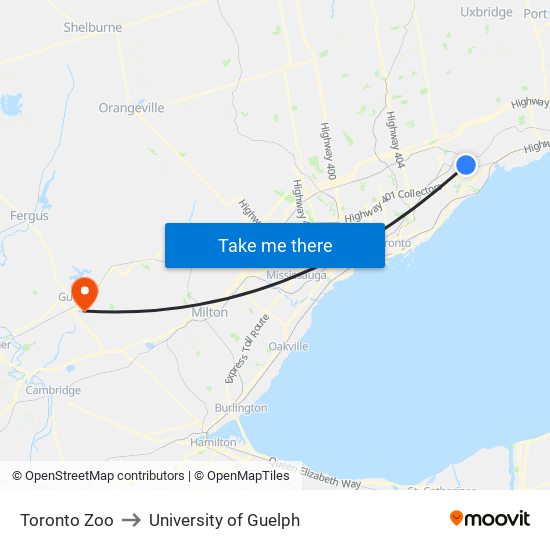 Toronto Zoo to University of Guelph map