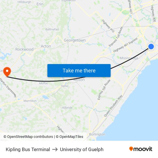 Kipling Bus Terminal to University of Guelph map