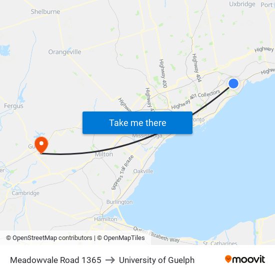 Meadowvale Road 1365 to University of Guelph map