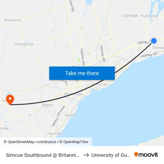 Simcoe Southbound @ Britannia Ave. to University of Guelph map