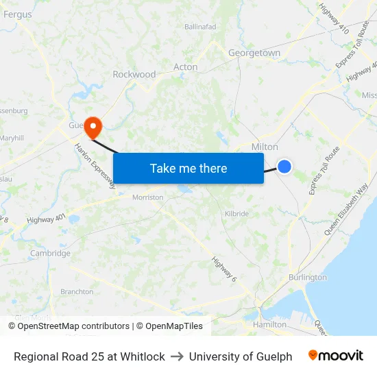Regional Road 25 at Whitlock to University of Guelph map
