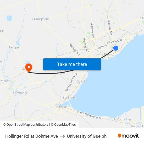 Hollinger Rd at Dohme Ave to University of Guelph map