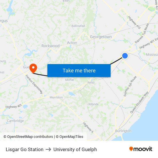 Lisgar Go Station to University of Guelph map