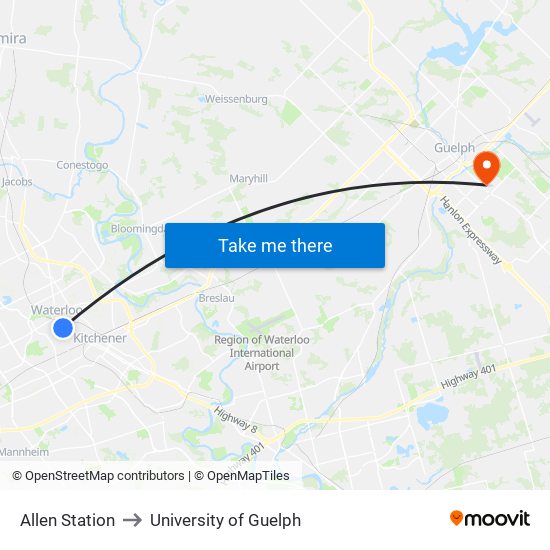 Allen Station to University of Guelph map