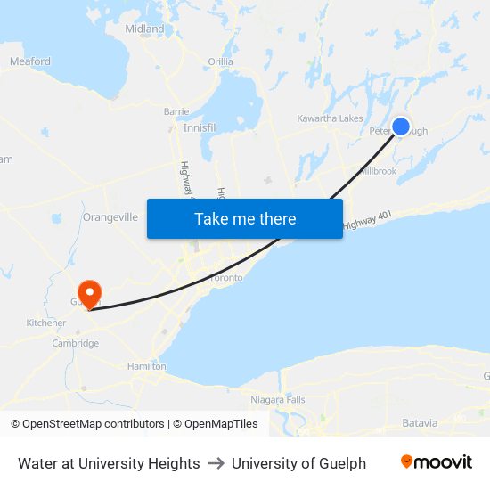 Water at University Heights to University of Guelph map