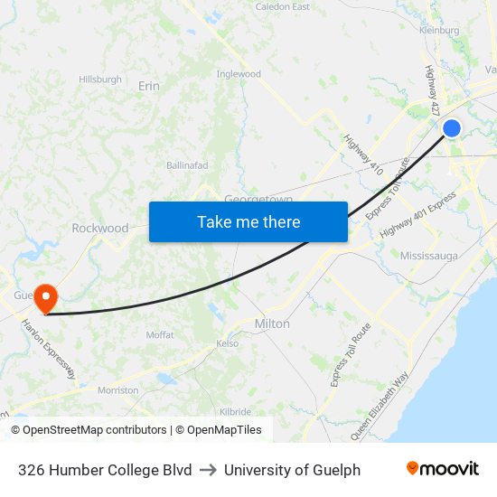 326 Humber College Blvd to University of Guelph map