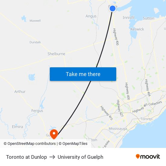 Toronto at Dunlop to University of Guelph map